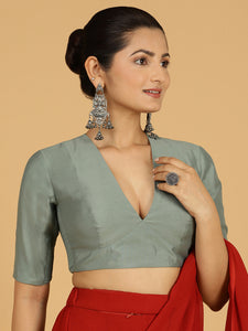 Damini x Rozaana | Mint Green Elbow Sleeves V-Neck Saree Blouse