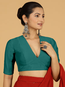 Damini x Rozaana | Peacock Green Elbow Sleeves V-Neck Saree Blouse