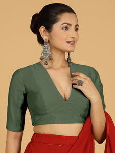 Damini x Rozaana | Pine Green Elbow Sleeves V-Neck Saree Blouse