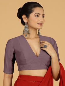 Damini x Rozaana | Purple Mauve Elbow Sleeves V-Neck Saree Blouse