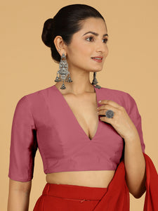 Damini x Rozaana | Rose Pink Elbow Sleeves V-Neck Saree Blouse