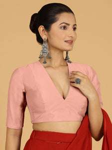 Damini x Rozaana | Sea Pink Elbow Sleeves V-Neck Saree Blouse