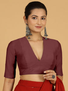 Damini x Rozaana | Deep Maroon Elbow Sleeves V-Neck Saree Blouse