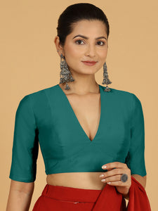 Damini x Rozaana | Peacock Green Elbow Sleeves V-Neck Saree Blouse