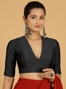 Damini x Rozaana | Raven Black Elbow Sleeves V-Neck Saree Blouse