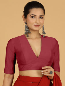 Damini x Rozaana | Scarlet Red Elbow Sleeves V-Neck Saree Blouse