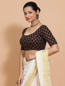 Deepali x Rozaana | Elbow Sleeves Cotton Saree Blouse in Black Peacock Block Print Fabric