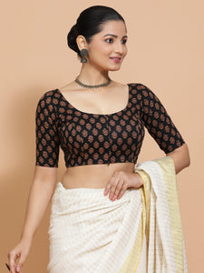 Deepali x Rozaana | Elbow Sleeves Cotton Saree Blouse in Black Peacock Block Print Fabric