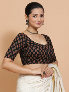 Deepali x Rozaana | Elbow Sleeves Cotton Saree Blouse in Black Peacock Block Print Fabric