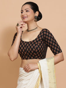 Deepali x Rozaana | Elbow Sleeves Cotton Saree Blouse in Black Peacock Block Print Fabric