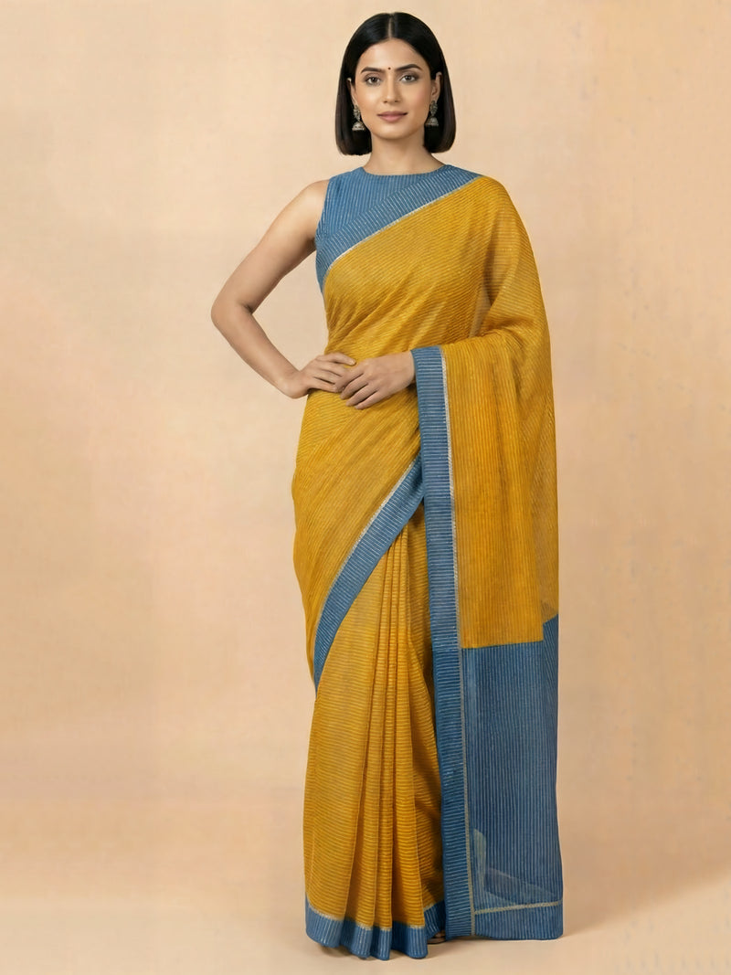 Dhwani x Rozaana | Turmeric Yellow With Indigo Contrast Saree In Silver Striped Pure Cotton