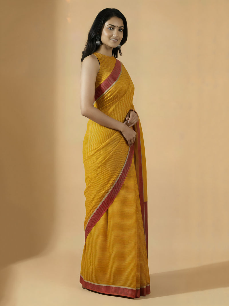 Dhwani x Rozaana | Turmeric Yellow With Red Contrast Saree In Silver Striped Pure Cotton