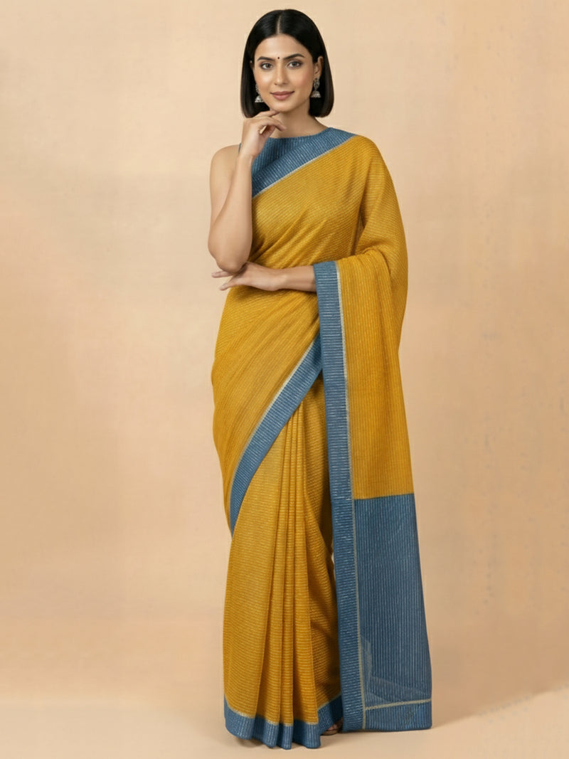 Dhwani x Rozaana | Turmeric Yellow With Indigo Contrast Saree In Silver Striped Pure Cotton