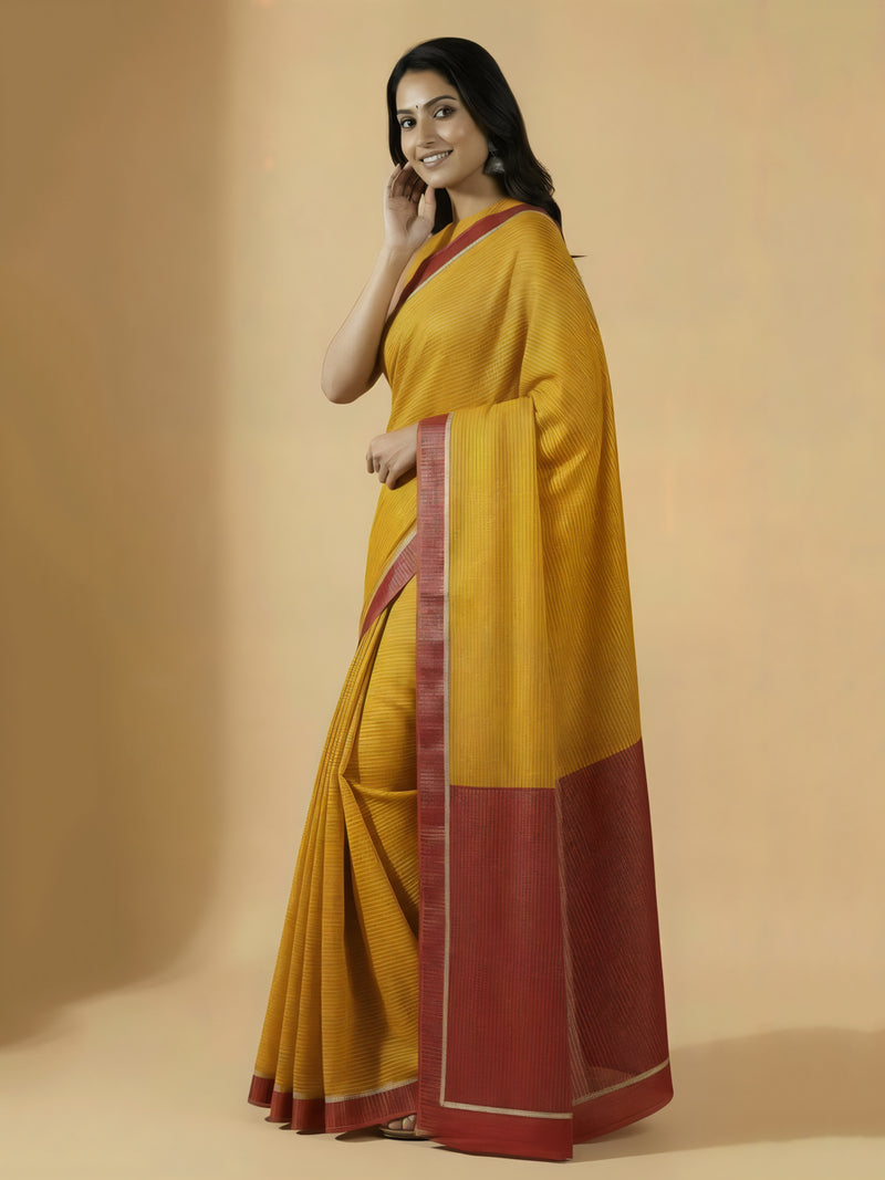 Dhwani x Rozaana | Turmeric Yellow With Red Contrast Saree In Silver Striped Pure Cotton