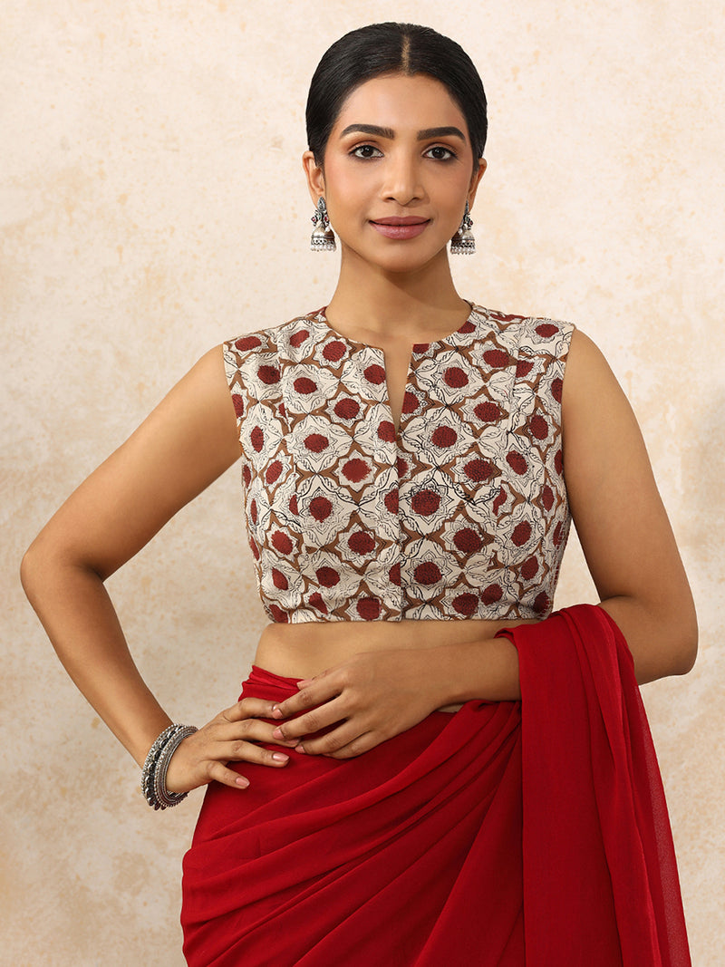 Dia x Rozaana Saree Blouse, in Cream 100% Cotton - Block Printed, featuring sleeveless and jewel neckline (view 13).