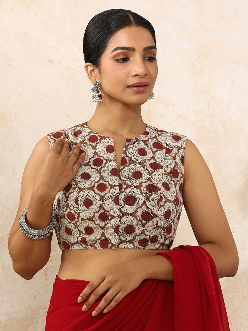 Dia x Rozaana Saree Blouse, in Cream 100% Cotton - Block Printed, featuring sleeveless and jewel neckline (view 7).