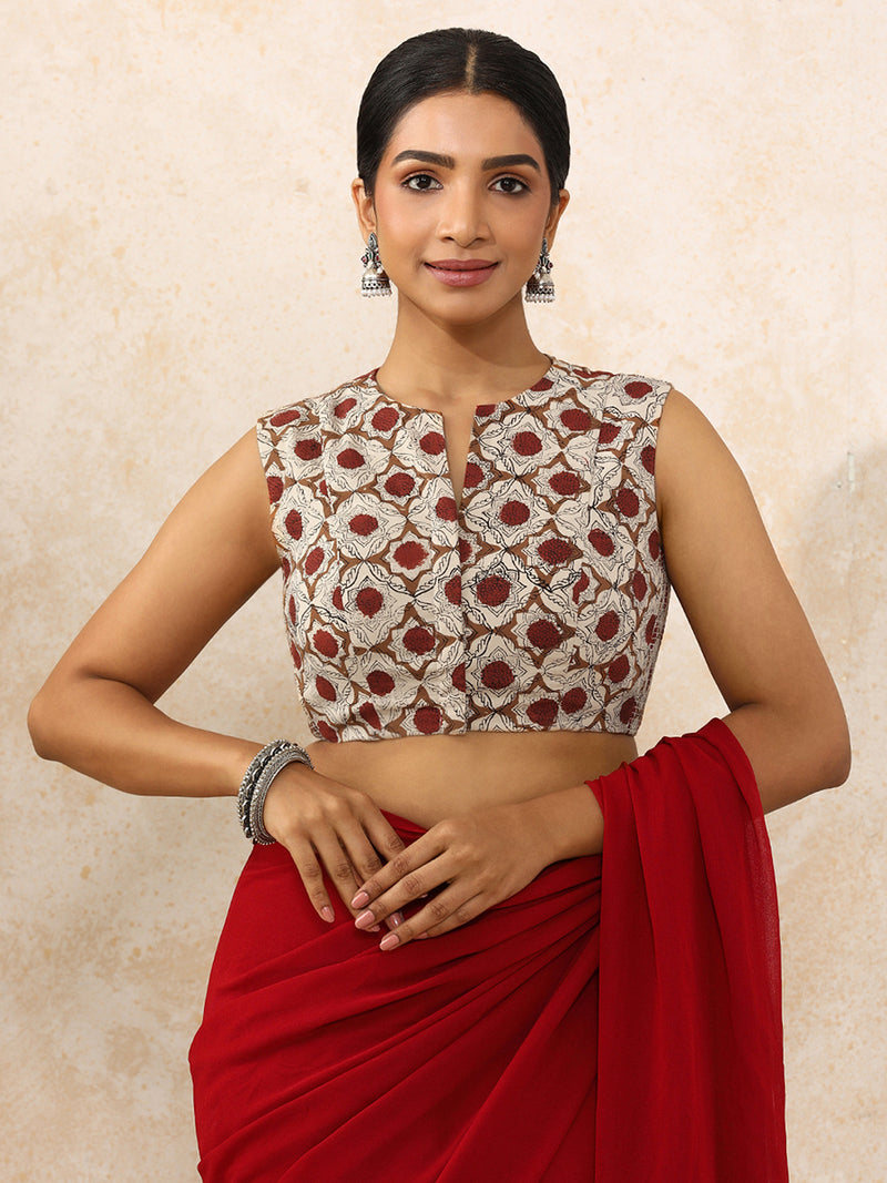 Dia x Rozaana Saree Blouse, in Cream 100% Cotton - Block Printed, featuring sleeveless and jewel neckline (view 9).