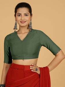 Divya x Rozaana | Elbow Sleeves Saree Blouse in Pine Green