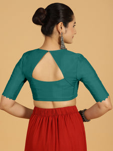 Divya x Rozaana | Elbow Sleeves Saree Blouse in Peacock Green