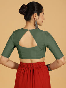 Divya x Rozaana | Elbow Sleeves Saree Blouse in Pine Green