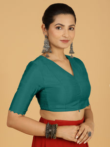 Divya x Rozaana | Elbow Sleeves Saree Blouse in Peacock Green