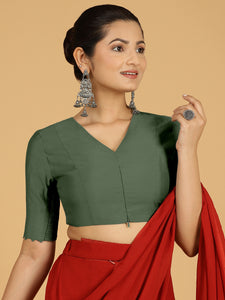 Divya x Rozaana | Elbow Sleeves Saree Blouse in Pine Green