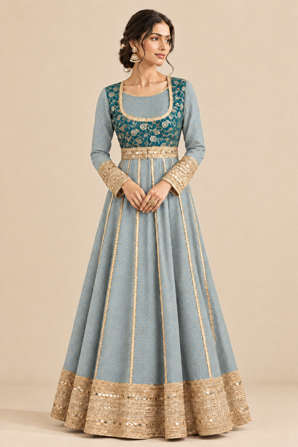 Hiba | Full Sleeved Teal Empress Brocade SculptFit™ Anarkali Kurta