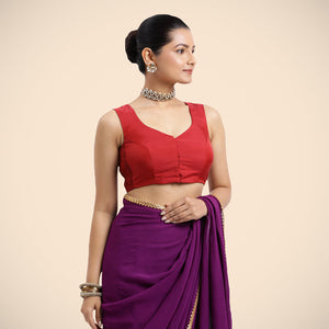  Nazia x Rozaana | Crimson Red Sleeveless FlexiFit™ Saree Blouse with Front Open Curved V Neckline with Deep Back and Dori_3