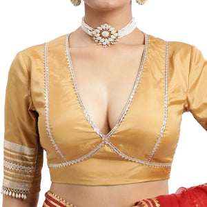 Nafeeza x Tyohaar | Gold Embellished Elbow Sleeves FlexiFit™ Saree Blouse with Plunging V Neckline with Tasteful Gota Lace - Binks  