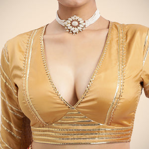 Navya x Tyohaar | Gold Elbow Sleeves FlexiFit™ Saree Blouse with Plunging V Neckline with Tasteful Gota Lace - Binks  