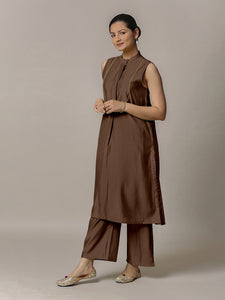 Eira x Rozaana | A Line Kurta w/ Mandarin Collar in Walnut Brown | Coords or Only Kurta