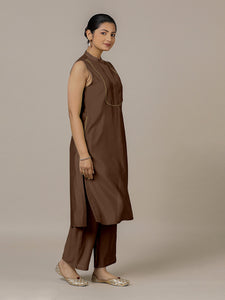 Eira x Rozaana | A Line Kurta w/ Mandarin Collar in Walnut Brown | Coords or Only Kurta