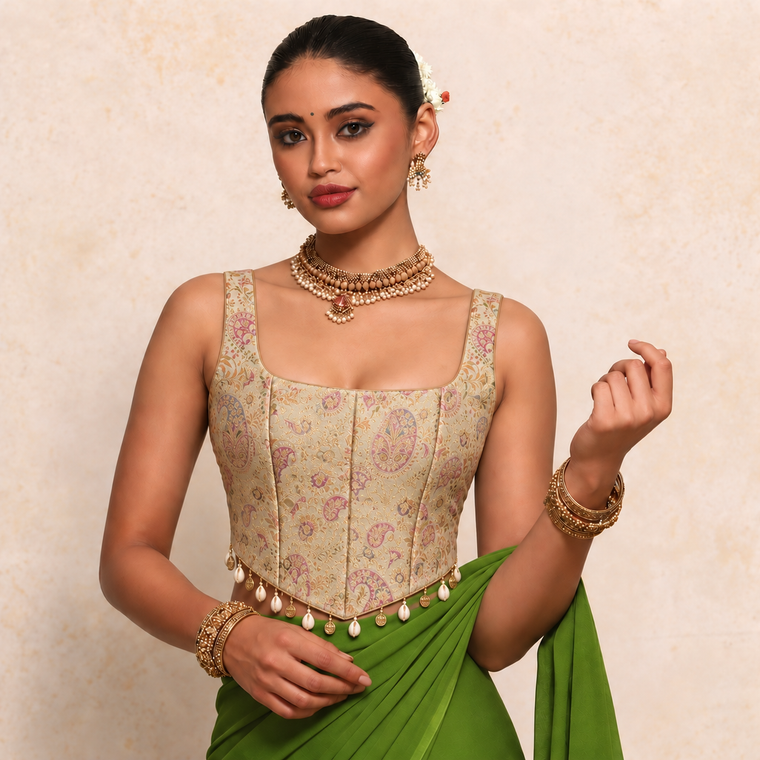 Vantara | Sleeveless Beige Brocade SculptFit™ Corset Top