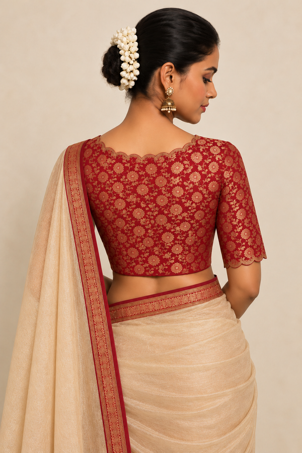 Badra | Elbow Sleeve Red Brocade FlexiFit™ Saree Blouse – Binks