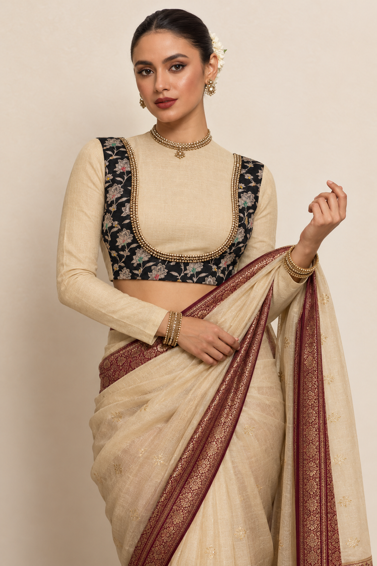 Anarkali x Tyohaar | Full Sleeves Ivory & Black Meenakari Viscose Saree Blouse