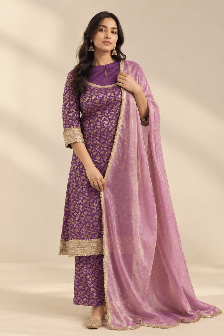 Saubhagya | Purple Iris Floral Jaal Brocade Kurta Set with Dupatta