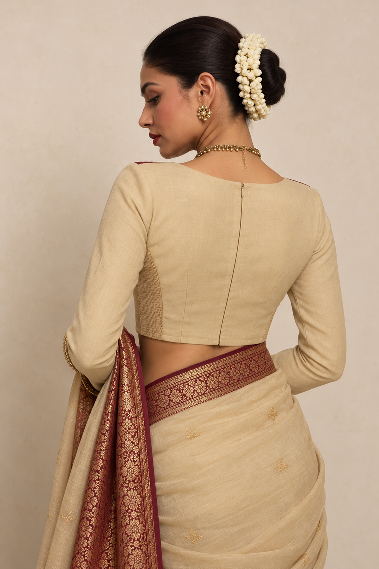 Anarkali x Tyohaar | Full Sleeves Ivory & Violet Meenakari Viscose Saree Blouse