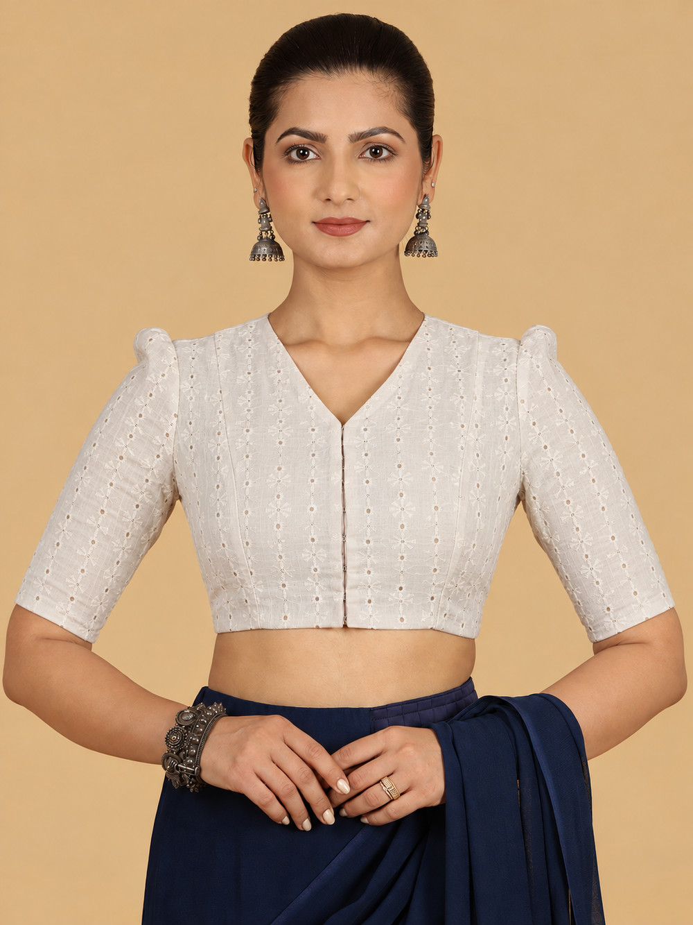 Shiuli | Puff Sleeve Pale Ivory Schiffli Cotton FlexiFit™ Saree Blouse