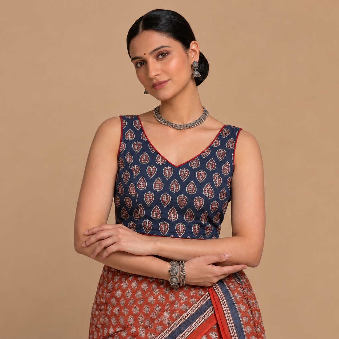 Ardha | Duet Reversible Blockprinted Indigo Leaf & Red Solid Cotton CinchFit™ Saree Blouse