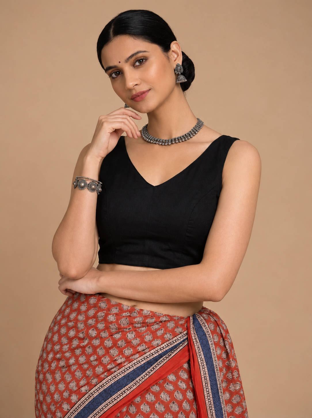 Ardha | Duet Reversible Blockprinted Warli Print & Black Blockprinted Cotton CinchFit™ Saree Blouse