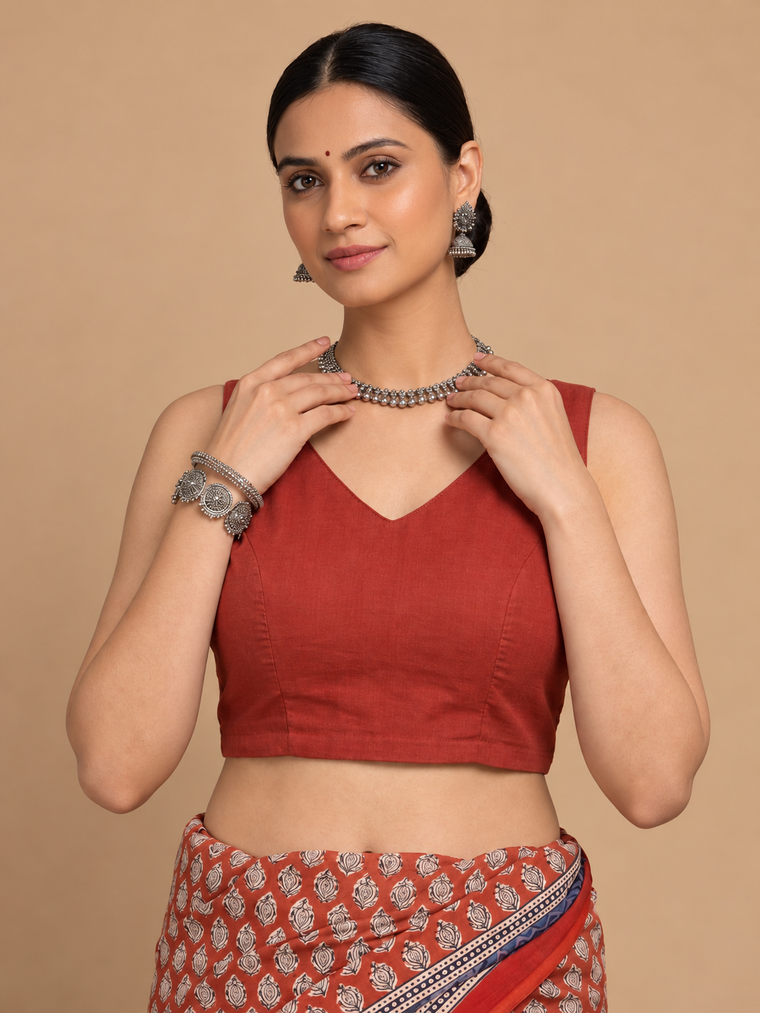 Ardha | Duet Reversible Blockprinted Indigo Leaf & Red Solid Cotton CinchFit™ Saree Blouse