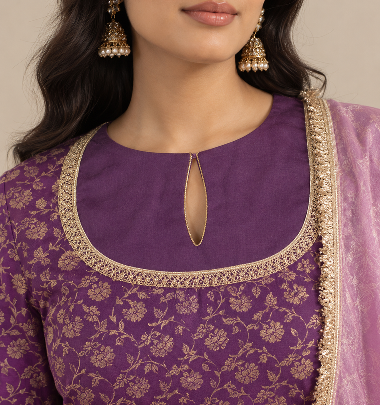Saubhagya | Purple Iris Floral Jaal Brocade Kurta Set with Dupatta
