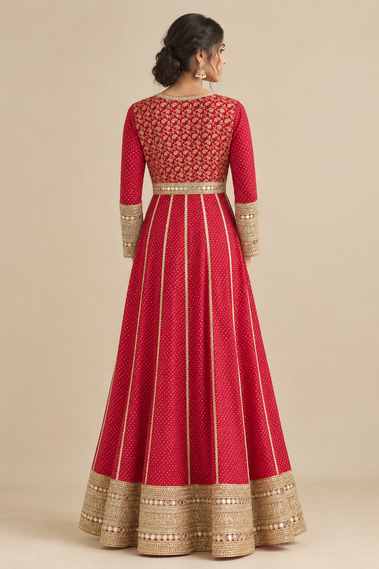 Hiba | Full Sleeved Red Ochre Brocade SculptFit™ Anarkali Kurta
