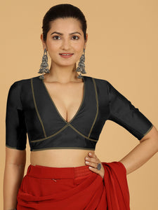 Erum x Rozaana | Elbow Sleeves Saree Blouse in Raven Black