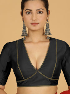 Erum x Rozaana | Elbow Sleeves Saree Blouse in Raven Black