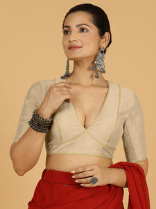 Erum x Rozaana | Elbow Sleeves Saree Blouse in Oyster Grey