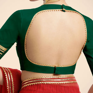 Farheen x Tyohaar | Bottle Green Embellished Elbow Sleeves FlexiFit™ Saree Blouse with Zero Neck with Back Cut-Out and Golden Gota Embellishment