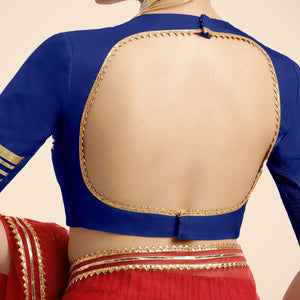 Farheen x Tyohaar | Cobalt Blue Embellished Elbow Sleeves FlexiFit™ Saree Blouse with Zero Neck with Back Cut-Out and Gota Embellishment