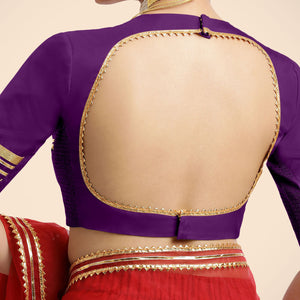 Farheen x Tyohaar | Purple Embellished Elbow Sleeves FlexiFit™ Saree Blouse with Zero Neck with Back Cut-Out and Gota Embellishment