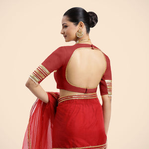 Farheen x Tyohaar | Crimson Red Embellished Elbow Sleeves FlexiFit™ Saree Blouse with Zero Neck with Back Cut-Out and Gota Embellishment